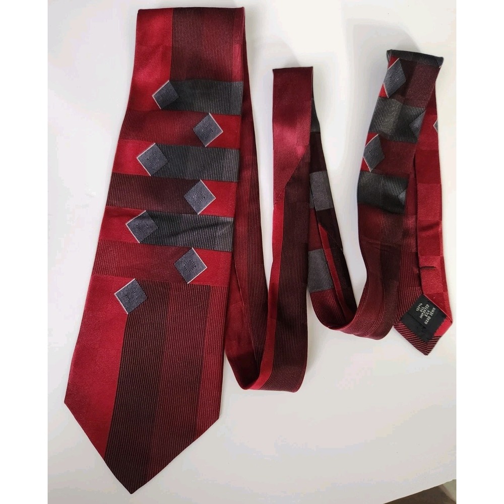 Vintage Facets Geometric Tie Imported Silk & Hand Sewn Red & Gray